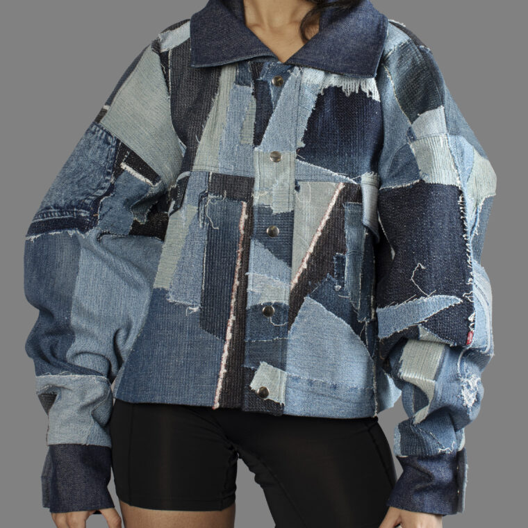 This is an image of a scrap jacket from the brand MiJA. It consists of mix of denim fabrics.